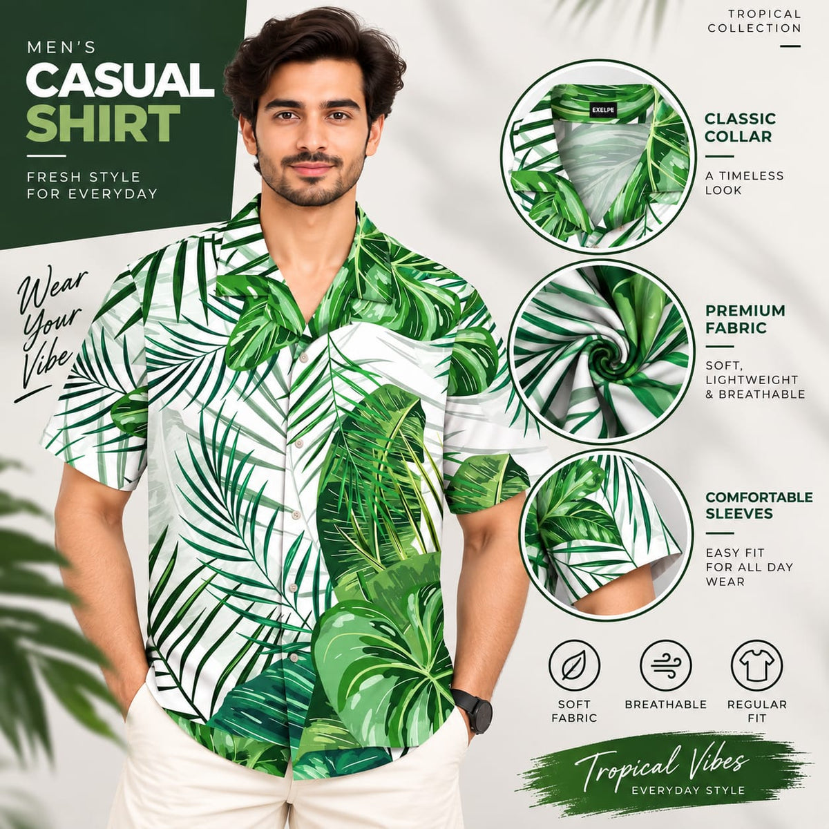 Men’s White & Green Tropical Leaf Print Casual Shirt