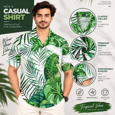 Men’s White & Green Tropical Leaf Print Casual Shirt