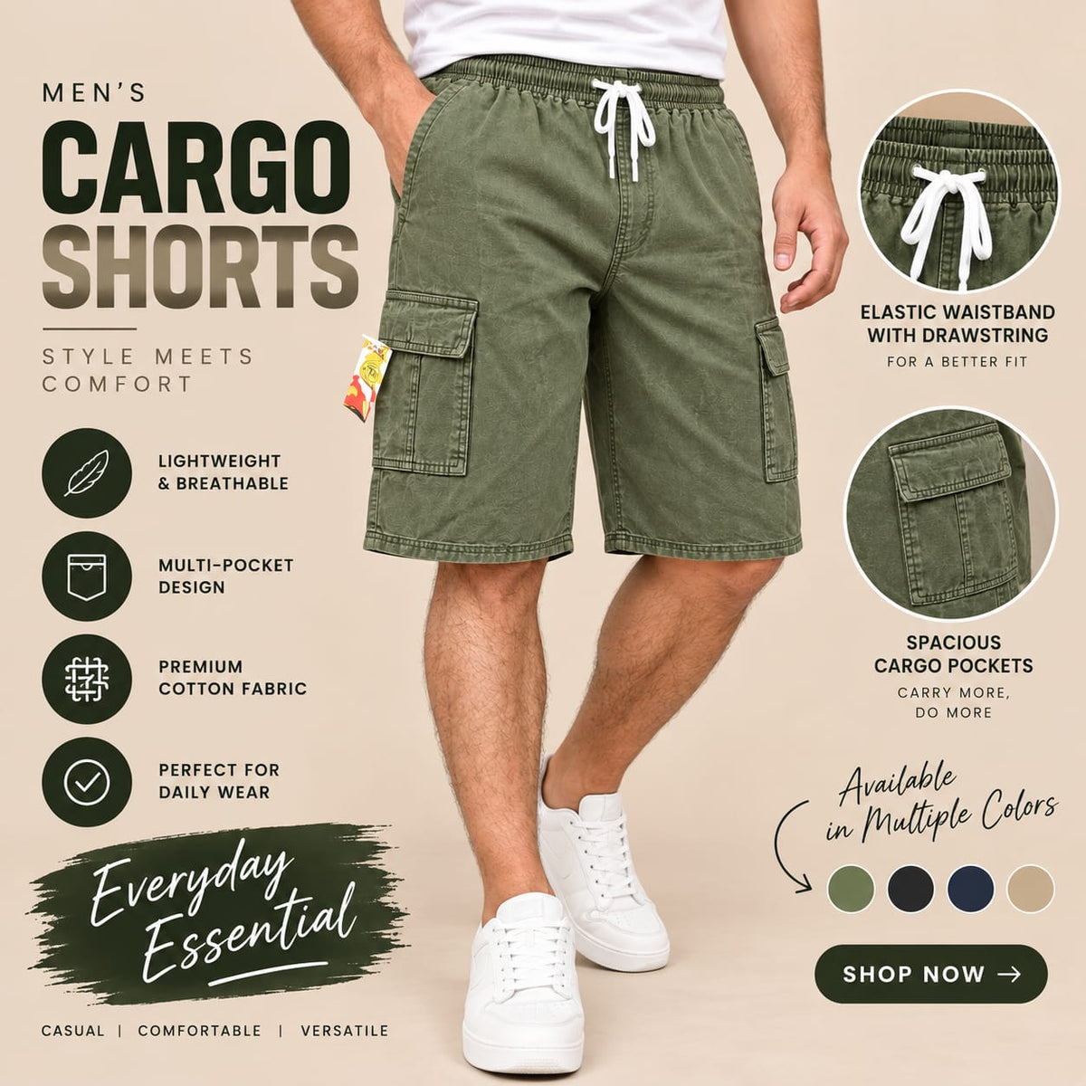 Men’s Cotton Cargo Shorts – Multi-Pocket Casual Shorts