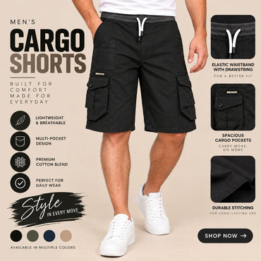 Men’s Black Cargo Shorts – Multi-Pocket Casual Wear