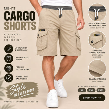 Men’s Beige Cargo Shorts – Multi-Pocket Casual Wear
