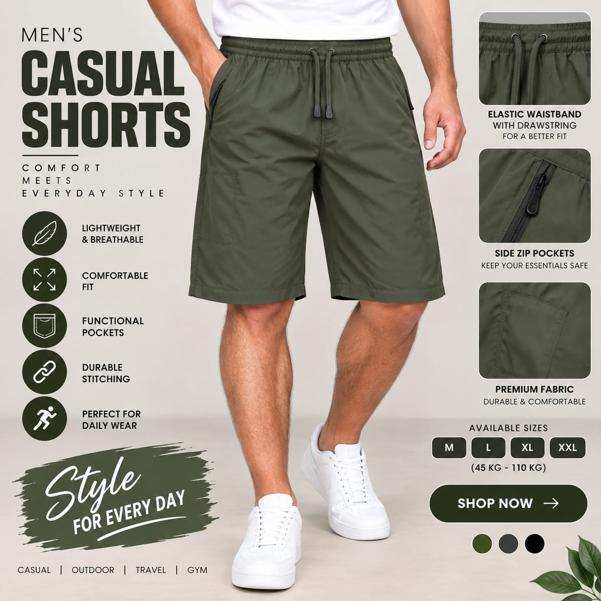 Men’s Olive Green Casual Shorts – Multi-Pocket Everyday Wear