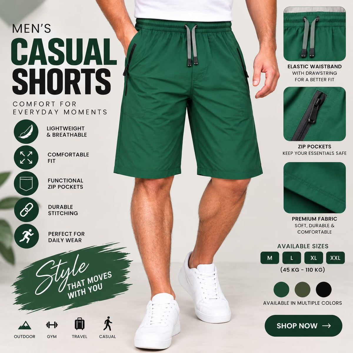 Men’s Olive Green Casual Shorts – Multi-Pocket Everyday Wear
