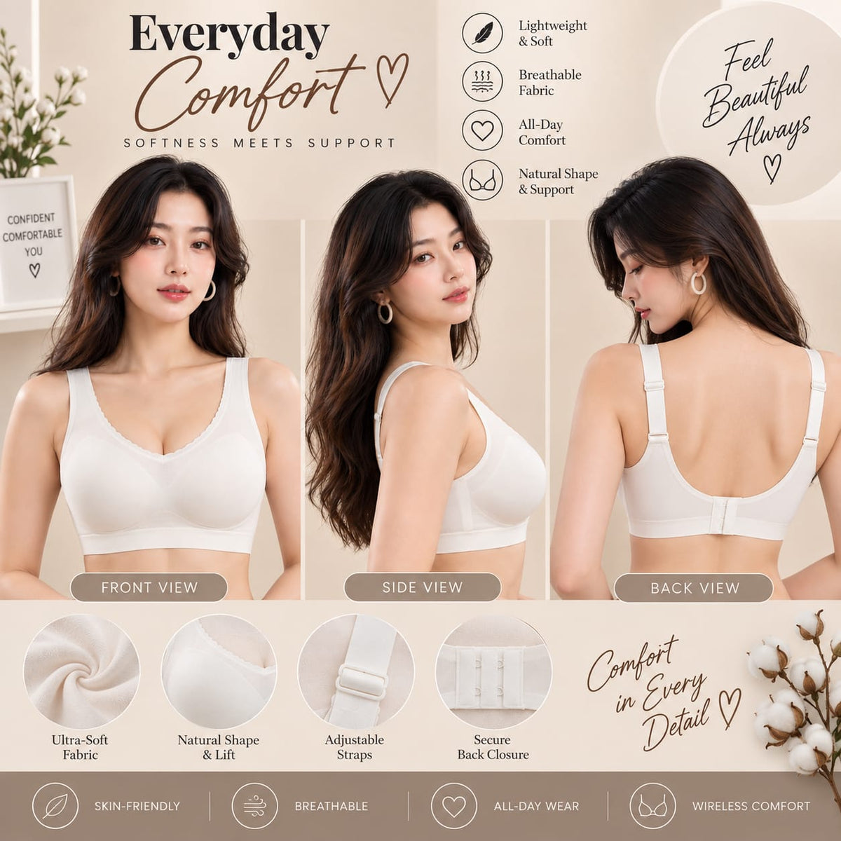 Women’s White Seamless Bra – Wireless Comfort & Adjustable Straps