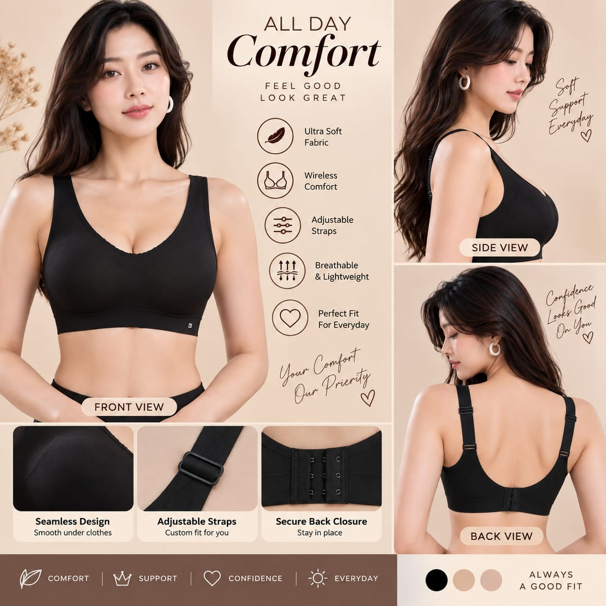 Women’s Black Seamless Bra – Wireless Comfort & Adjustable Straps