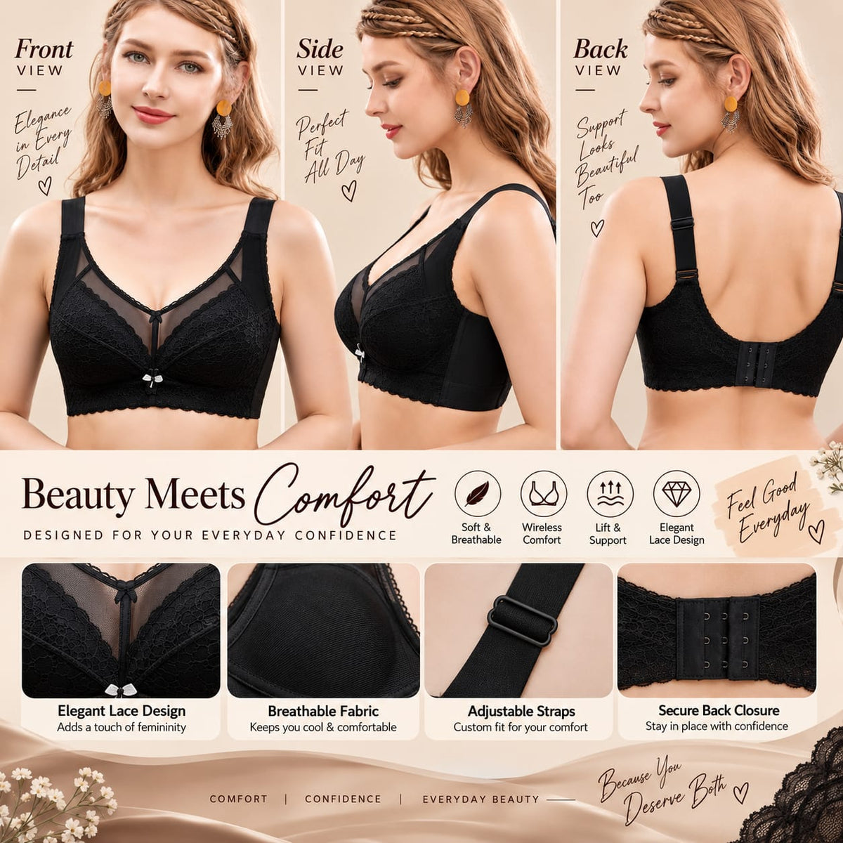 Women’s Black Lace Bra – Wireless Support & Adjustable Straps