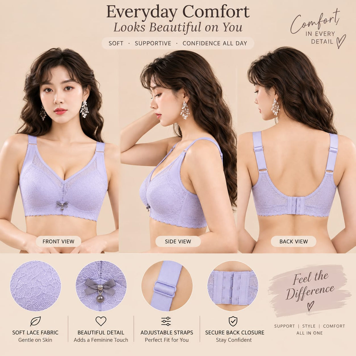 Women’s Lavender Lace Bra – Soft Support & Adjustable Straps