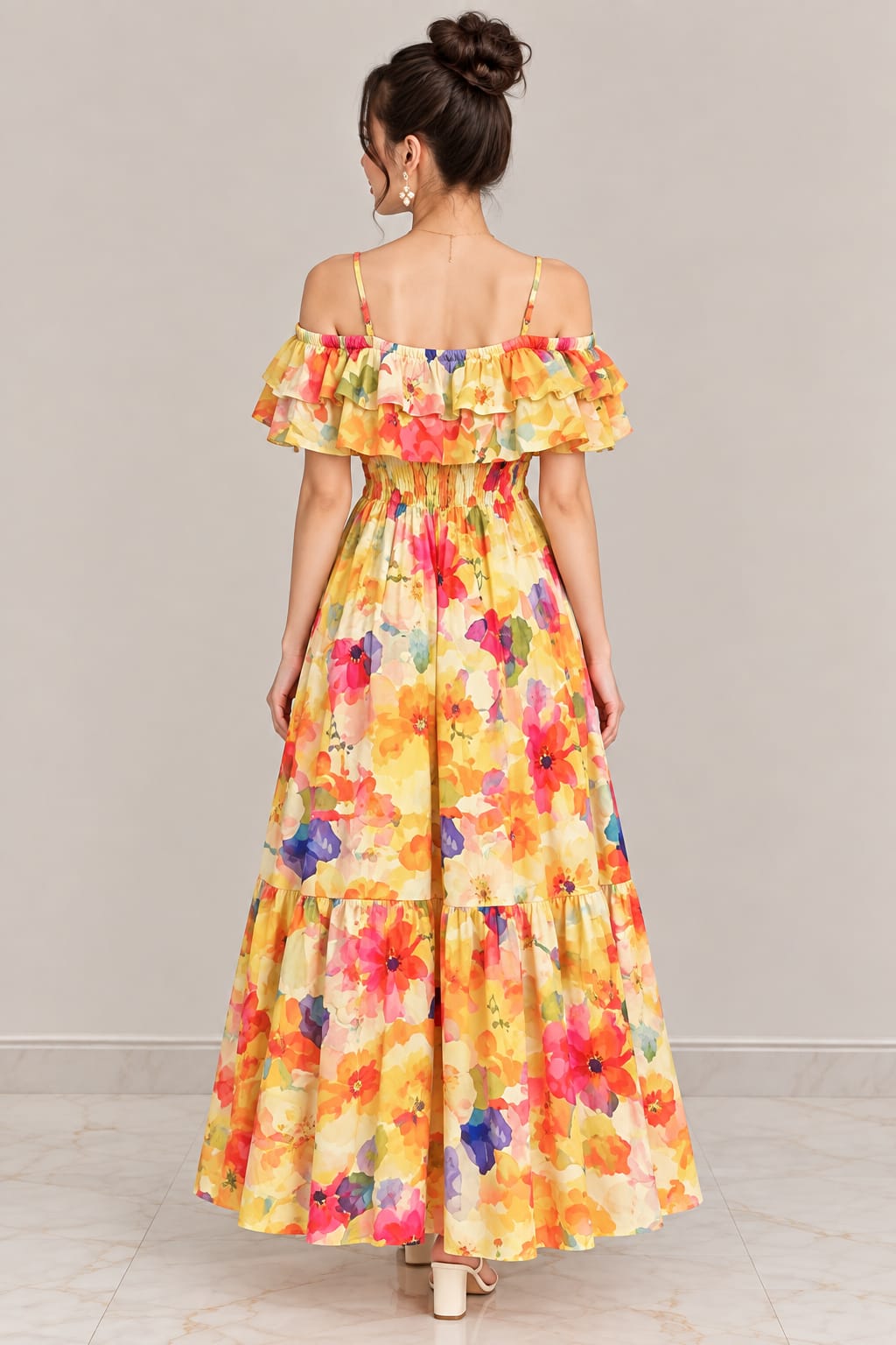 Women’s Floral Maxi Dress – Yellow Multicolor Print, Off-Shoulder Ruffle & Smocked Waist