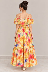 Women’s Floral Maxi Dress – Yellow Multicolor Print, Off-Shoulder Ruffle & Smocked Waist